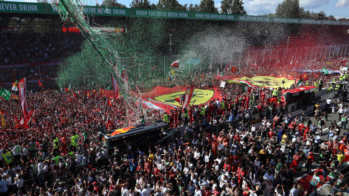 Ferrari fans and flags at the podium celebrations at Formula One World Championship, Rd13, Italian Grand Prix, Race, Monza, Italy, Sunday 3 September 2017. © Sutton Images