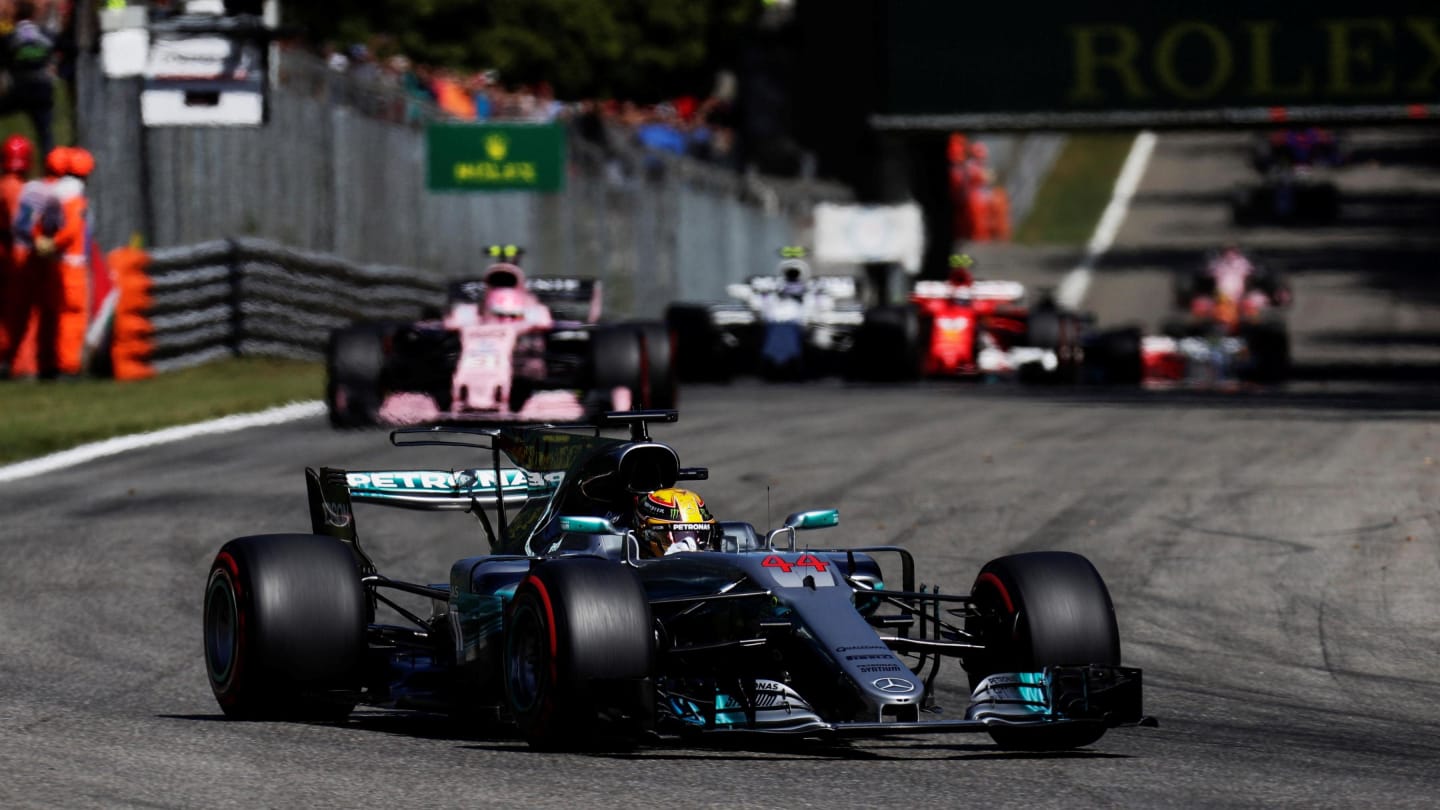 Lewis Hamilton (GBR) Mercedes-Benz F1 W08 Hybrid leads at the start of the race at Formula One World Championship, Rd13, Italian Grand Prix, Race, Monza, Italy, Sunday 3 September 2017. © Sutton Images