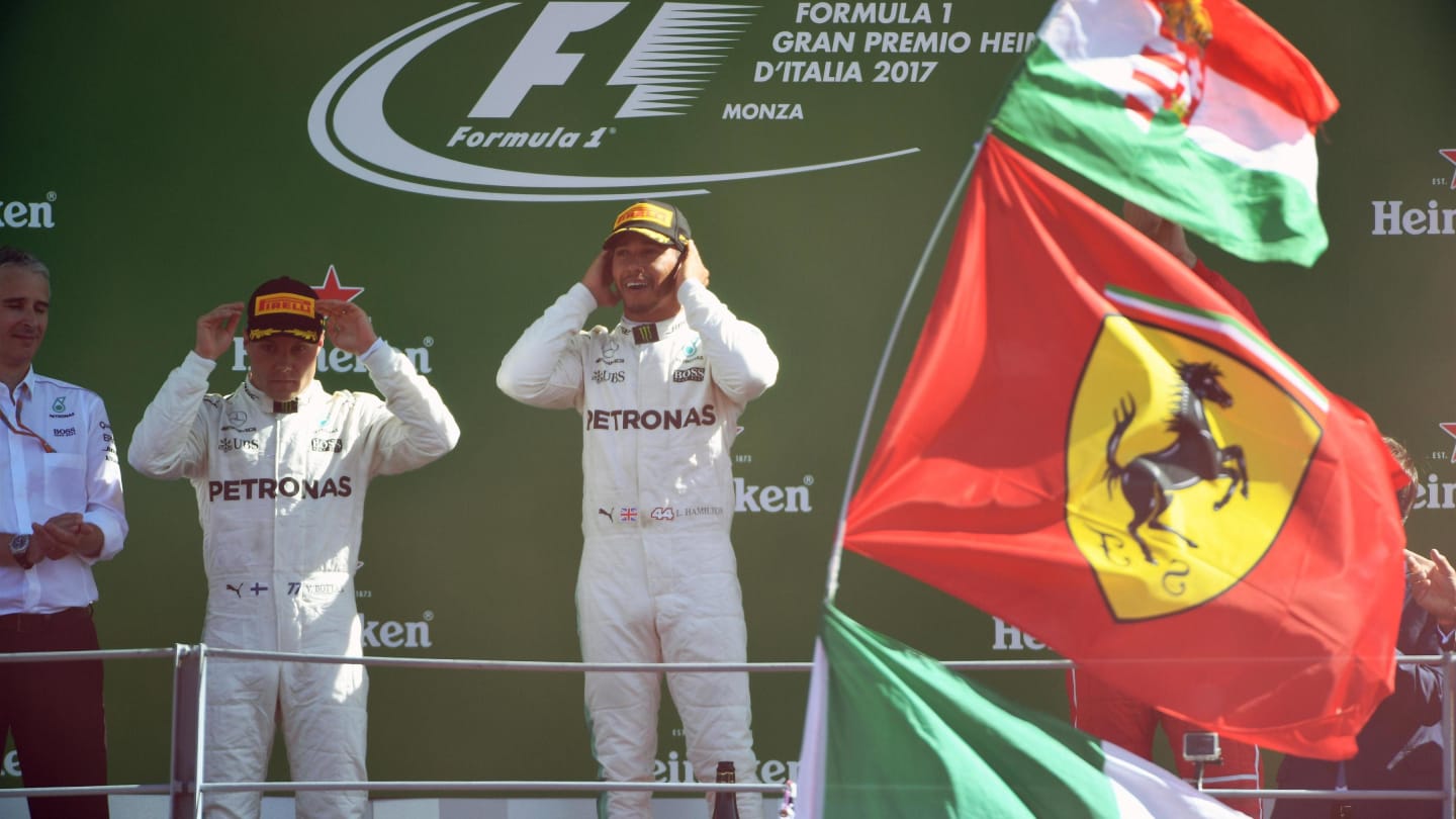 Valtteri Bottas (FIN) Mercedes AMG F1 and Lewis Hamilton (GBR) Mercedes AMG F1 celebrate on the podium at Formula One World Championship, Rd13, Italian Grand Prix, Race, Monza, Italy, Sunday 3 September 2017. © Sutton Images