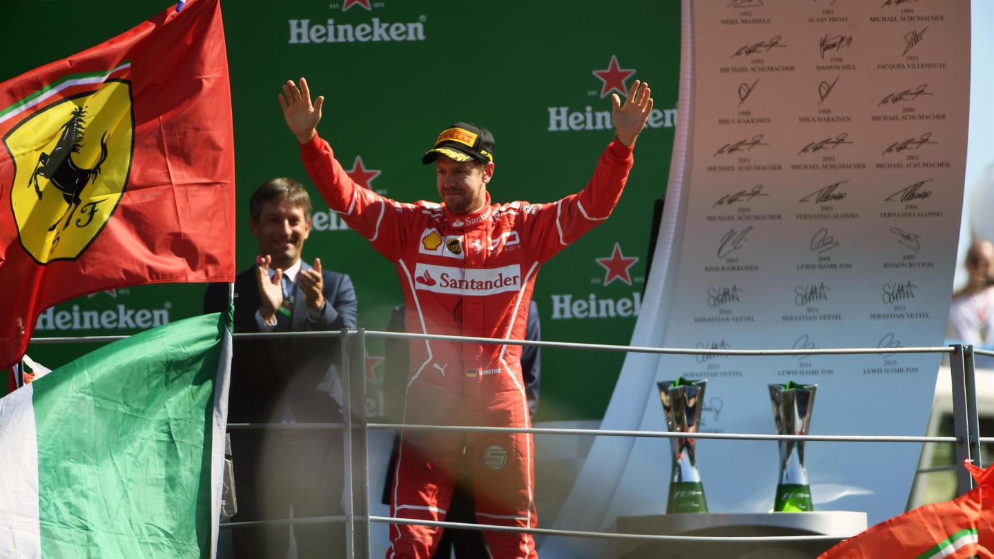 Sebastian Vettel (GER) Ferrari celebrates on the podium at Formula One World Championship, Rd13, Italian Grand Prix, Race, Monza, Italy, Sunday 3 September 2017. © Sutton Images