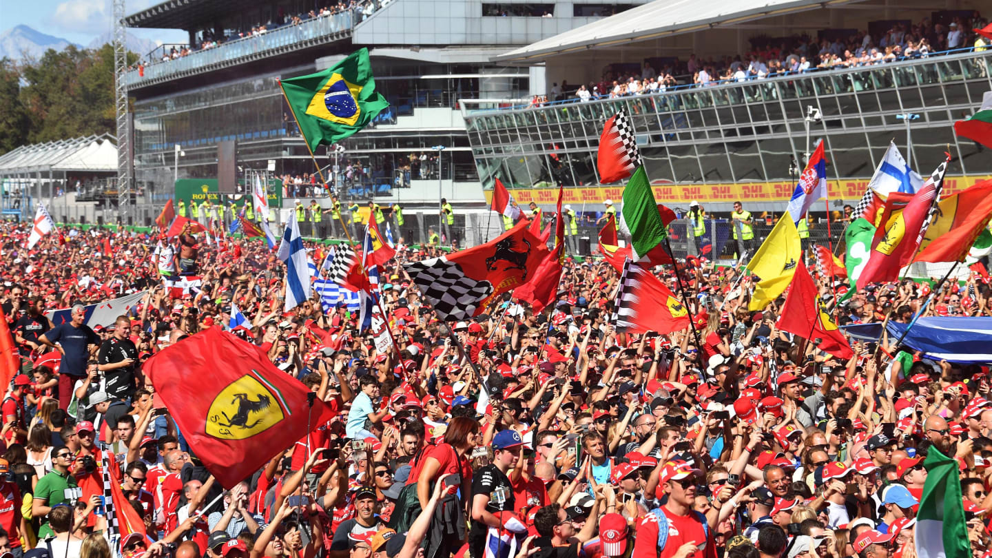 Ferrari fans and flags at Formula One World Championship, Rd13, Italian Grand Prix, Race, Monza,