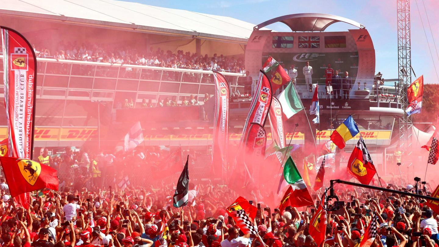 Fans and flags and podium celebrations at Formula One World Championship, Rd13, Italian Grand Prix, Race, Monza, Italy, Sunday 3 September 2017. © Sutton Images