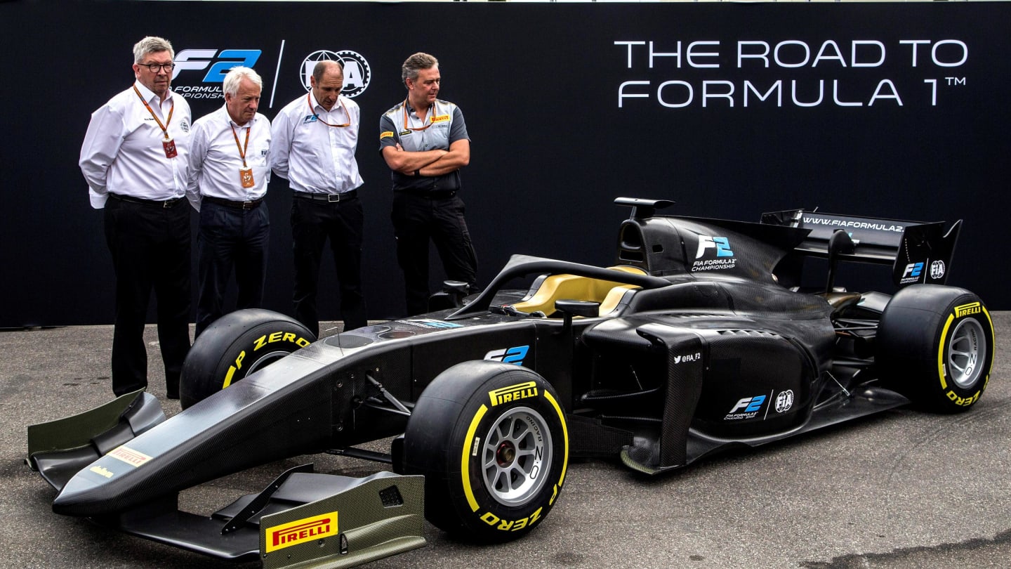 Ross Brawn (GBR) Formula One Managing Director of Motorsports, Charlie Whiting (GBR) FIA Delegate, Bruno Michel (FRA) F2 CEO and Mario Isola (ITA) Pirelli Sporting Director unveil the new 2018 F2 car at Formula Two Championship, Rd9, Monza, Italy, 1-3 September 2017. © Sutton Images