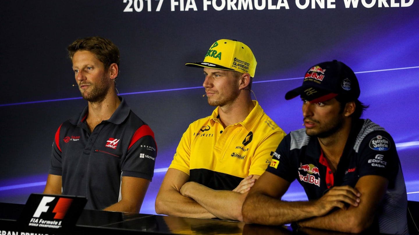 Grosjean (FRA) Haas F1, Hulkenberg (GER) Renault Sport F1 Team and  Sainz jr (ESP) Scuderia Toro Rosso in the Press Conference at Formula One World Championship, Rd13, Italian Grand Prix, Preparations, Monza, Italy, Thursday 31 August 2017. © Sutton Images