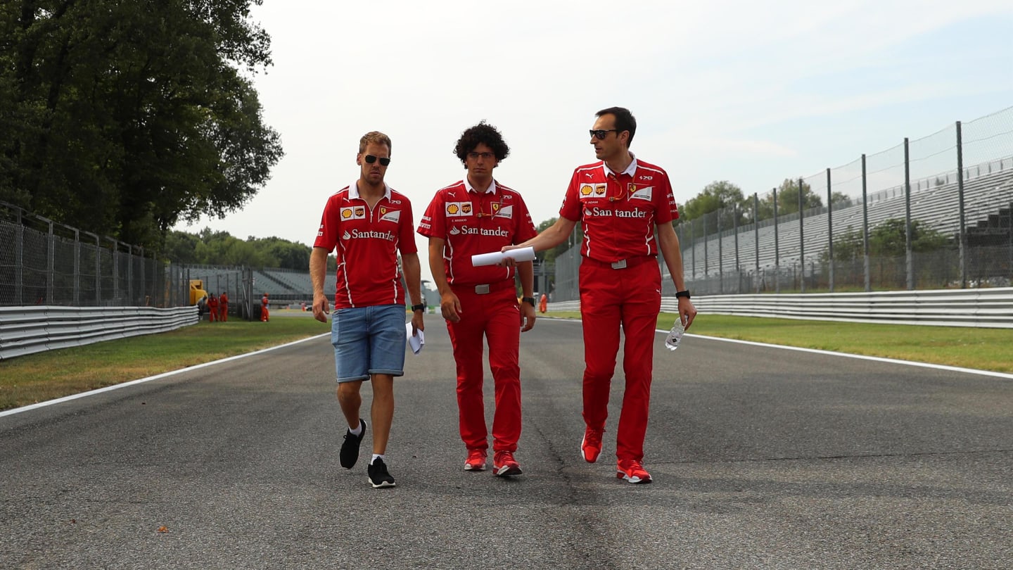 Sebastian Vettel (GER) Ferrari walks the track with Riccardo Adami (ITA) Ferrari Race Engineer at Formula One World Championship, Rd13, Italian Grand Prix, Preparations, Monza, Italy, Thursday 31 August 2017. © Sutton Images