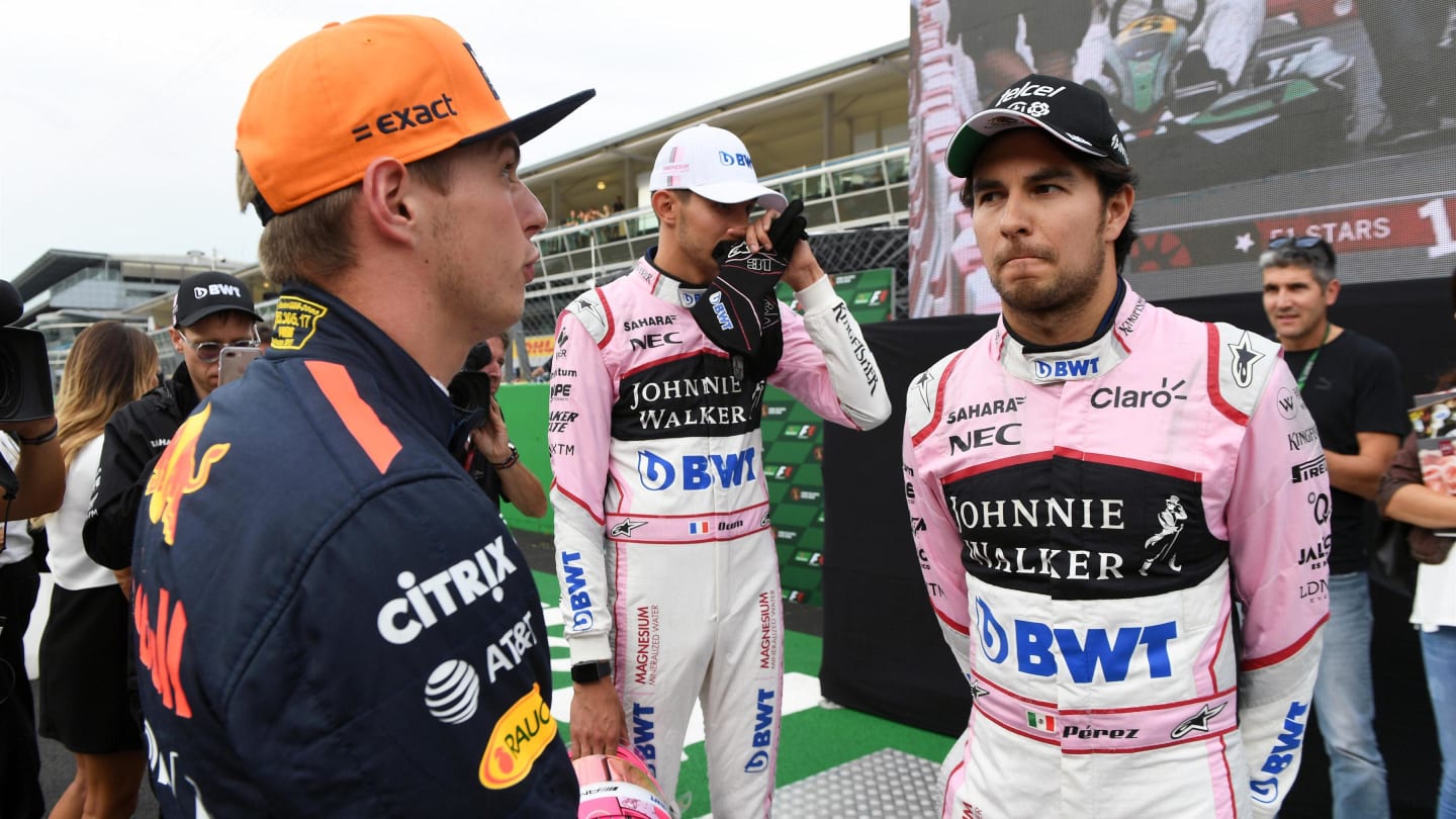 Max Verstappen (NED) Red Bull Racing, Esteban Ocon (FRA) Force India F1 and Sergio Perez (MEX)