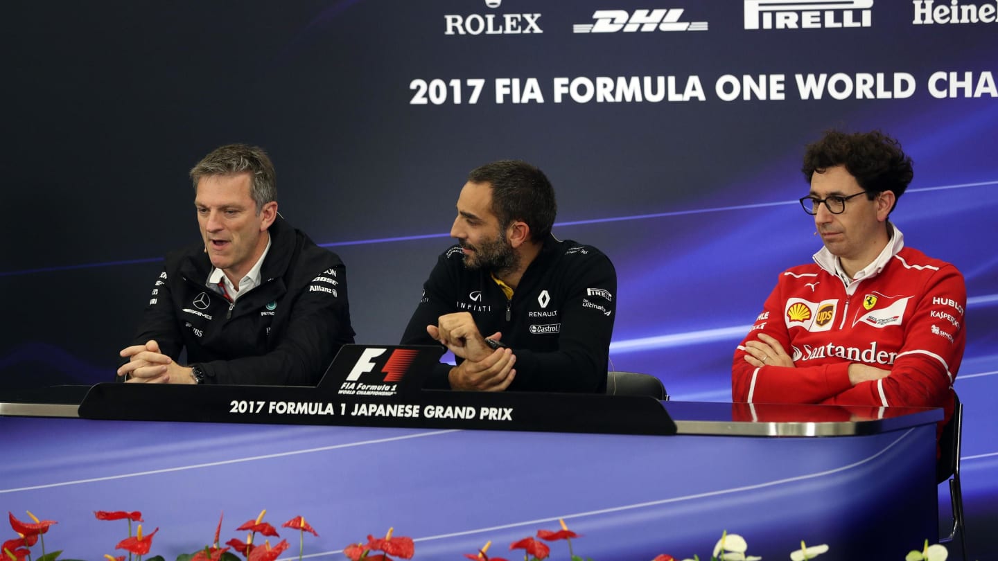 James Allison (GBR) Mercedes Technical Director, Cyril Abiteboul (FRA) Renault Sport F1 Managing Director and Mattia Binotto (ITA) Ferrari Race Engine Manager in the Press Conference at Formula One World Championship, Rd16, Japanese Grand Prix, Practice,