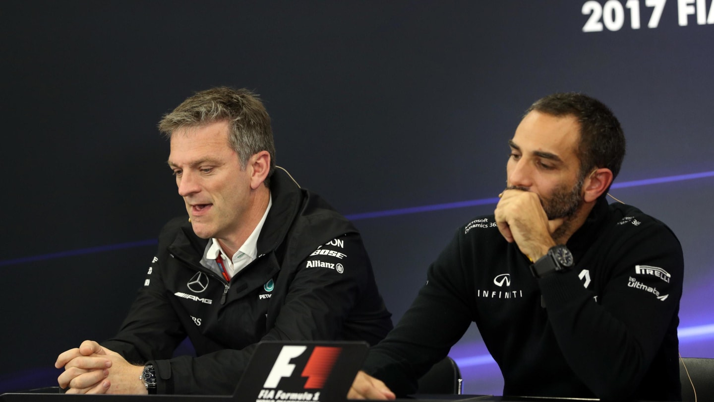 James Allison (GBR) Mercedes Technical Director and Cyril Abiteboul (FRA) Renault Sport F1 Managing Director in the Press Conference at Formula One World Championship, Rd16, Japanese Grand Prix, Practice, Suzuka, Japan, Friday 6 October 2017. © Kym Illman/Sutton Images