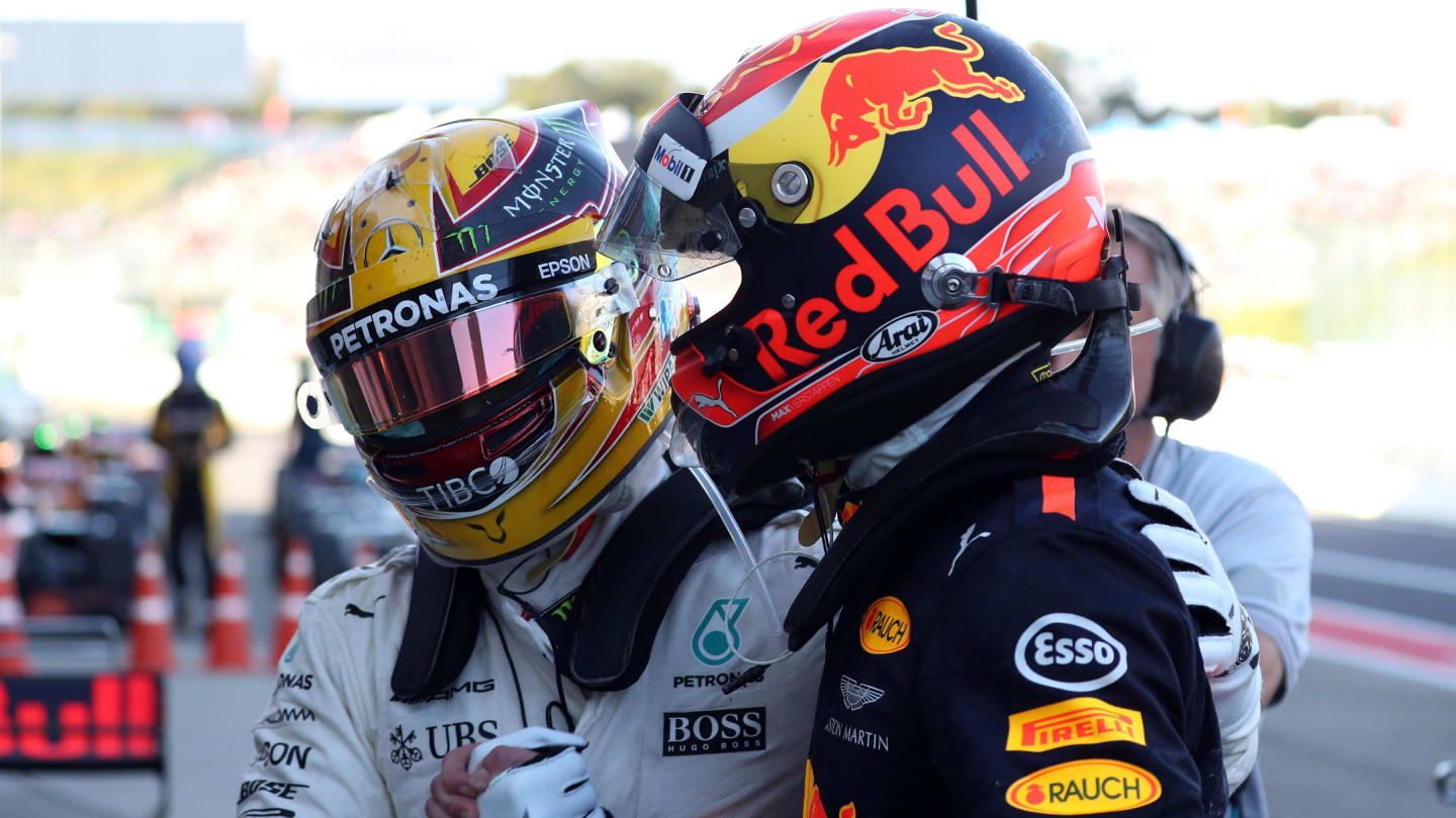 Race winner Lewis Hamilton (GBR) Mercedes AMG F1 celebrates with Max Verstappen (NED) Red Bull Racing in parc ferme at Formula One World Championship, Rd16, Japanese Grand Prix, Race, Suzuka, Japan, Sunday 8 October 2017. © Kym Illman/Sutton Images