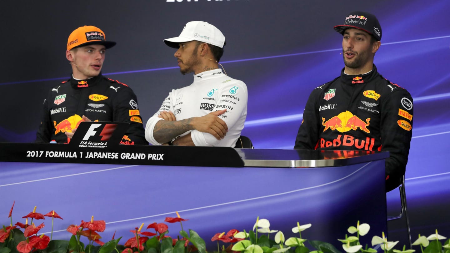 Max Verstappen (NED) Red Bull Racing, race winner Lewis Hamilton (GBR) Mercedes AMG F1 and Daniel Ricciardo (AUS) Red Bull Racing in the Press Conference at Formula One World Championship, Rd16, Japanese Grand Prix, Race, Suzuka, Japan, Sunday 8 October 2017. © Kym Illman/Sutton Images
