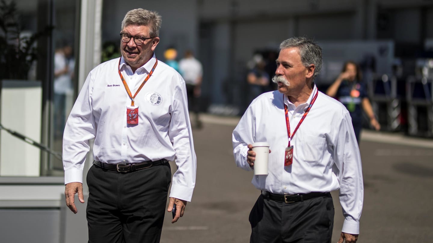 Ross Brawn (GBR) Formula One Managing Director of Motorsports and Chase Carey (USA) Chief Executive Officer and Executive Chairman of the Formula One Group at Formula One World Championship, Rd16, Japanese Grand Prix, Race, Suzuka, Japan, Sunday 8 October 2017. © Manuel Goria/Sutton Images