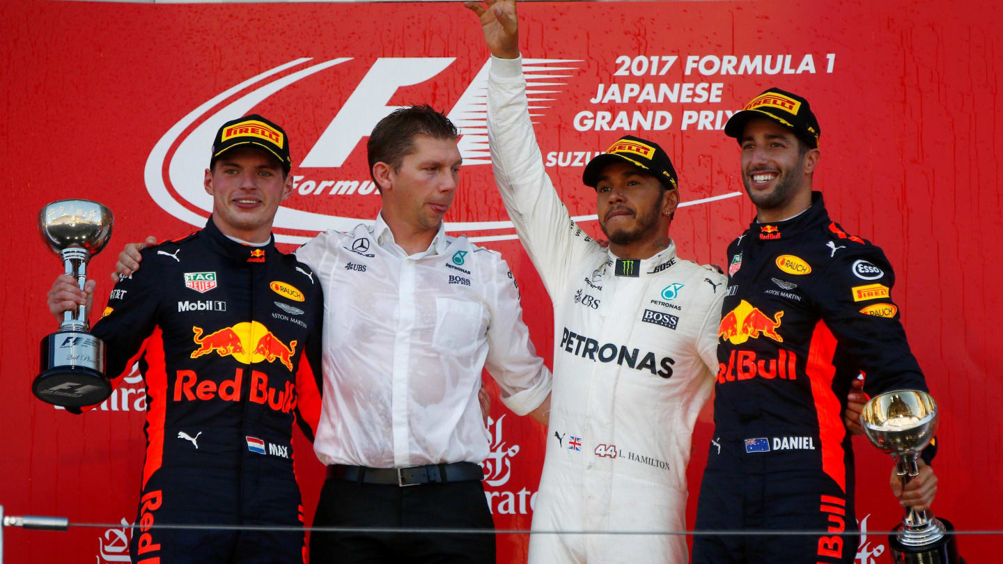 (L to R): Max Verstappen (NED) Red Bull Racing, James Vowles (GBR) Mercedes AMG F1 Chief Strategist, Lewis Hamilton (GBR) Mercedes AMG F1 and Daniel Ricciardo (AUS) Red Bull Racing celebrate on the podium at Formula One World Championship, Rd16, Japanese Grand Prix, Race, Suzuka, Japan, Sunday 8 October 2017. © Andy Hone/LAT/Sutton Images