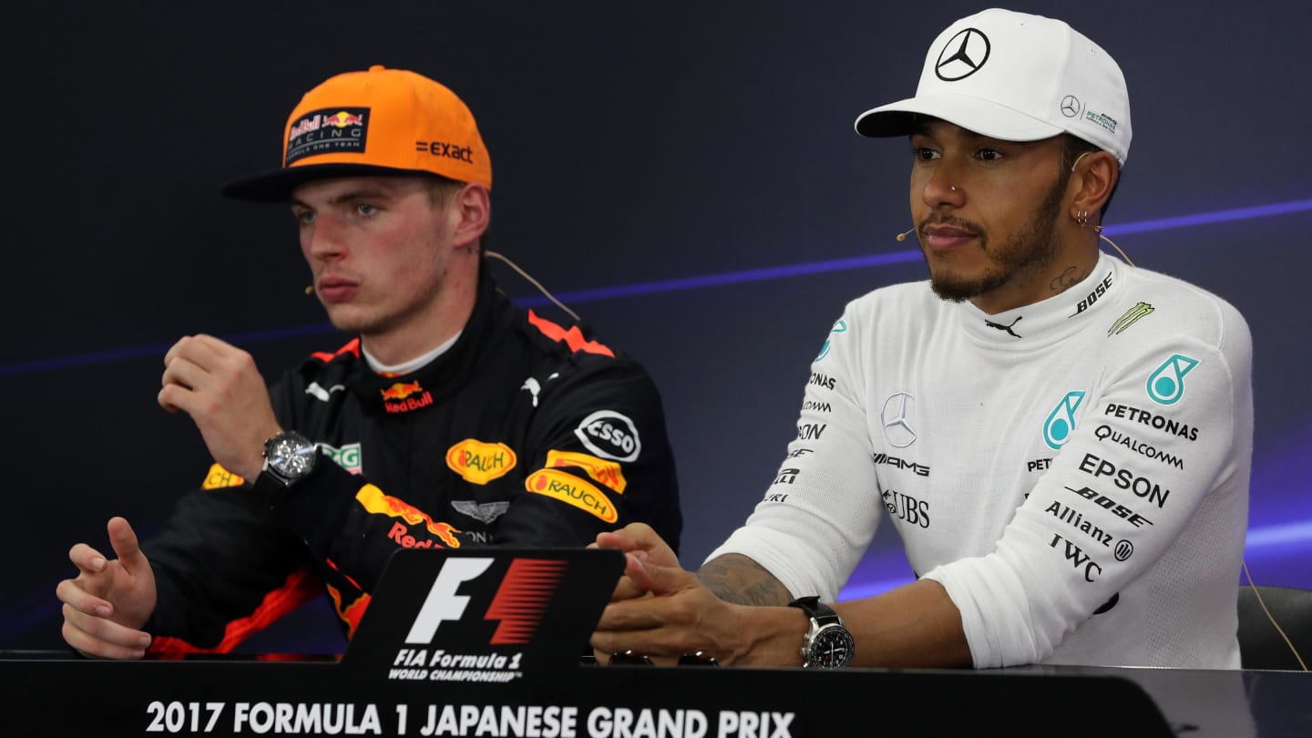 Max Verstappen (NED) Red Bull Racing and Lewis Hamilton (GBR) Mercedes AMG F1 in the Press Conference at Formula One World Championship, Rd16, Japanese Grand Prix, Race, Suzuka, Japan, Sunday 8 October 2017. © Kym Illman/Sutton Images