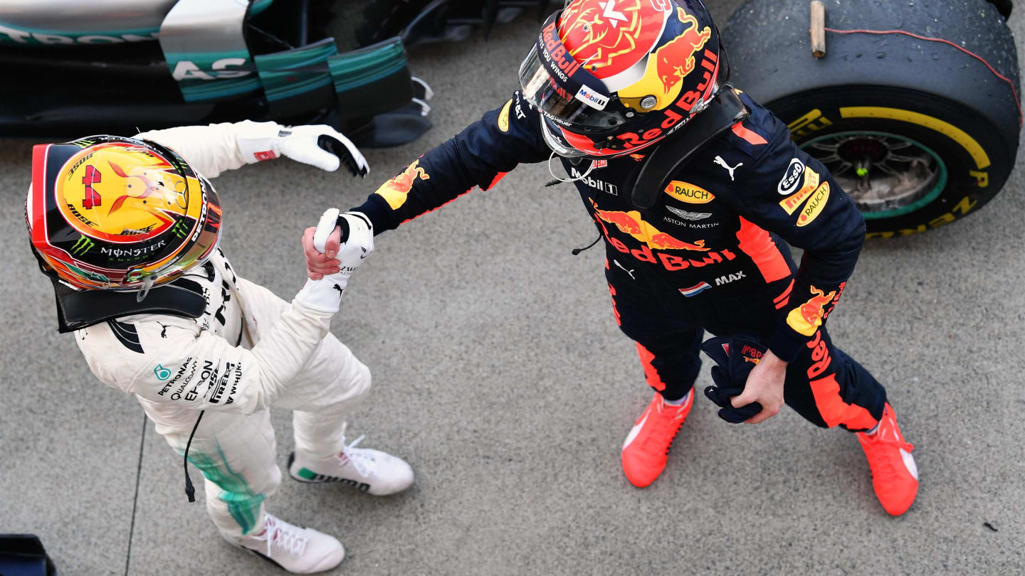 Race winner Lewis Hamilton (GBR) Mercedes AMG F1 celebrates in parc ferme with Max Verstappen (NED) Red Bull Racing at Formula One World Championship, Rd16, Japanese Grand Prix, Race, Suzuka, Japan, Sunday 8 October 2017. © Mark Sutton/Sutton Images