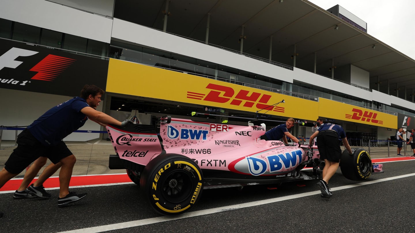 Force India mechanics with Force India VJM10 in pit lane at Formula One World Championship, Rd16, Japanese Grand Prix, Preparations, Suzuka, Japan, Thursday 5 October 2017. © Kym Illman/Sutton Images