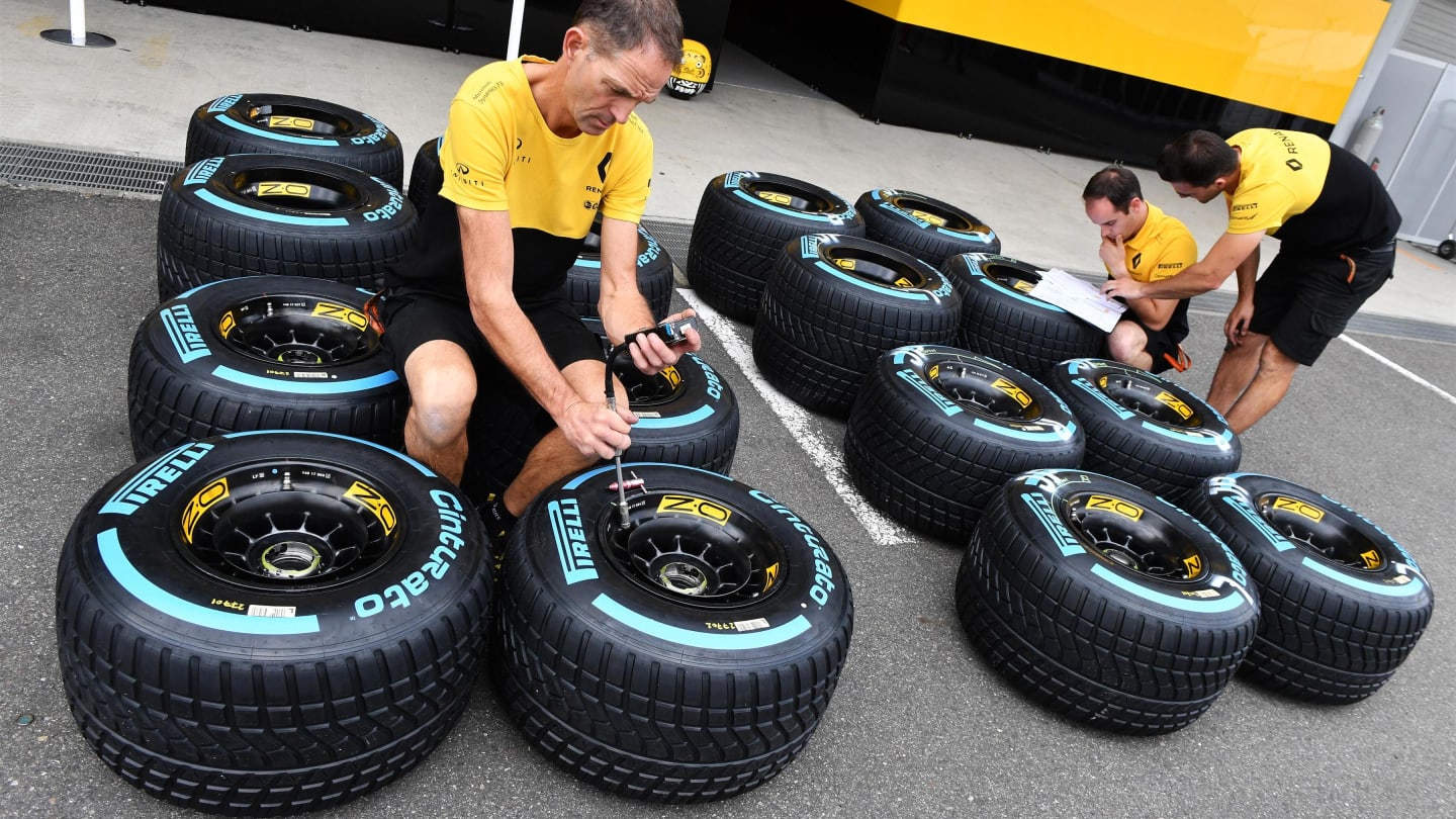 Renault Sport F1 Team mechanics with Pirelli tyres at Formula One World Championship, Rd16, Japanese Grand Prix, Preparations, Suzuka, Japan, Thursday 5 October 2017. © Mark Sutton/Sutton Images