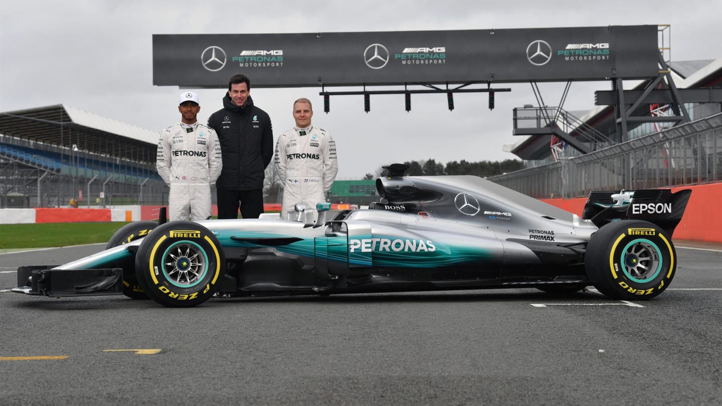Lewis Hamilton (GBR) Mercedes AMG F1 with Toto Wolff (AUT) Mercedes AMG F1 Director of Motorsport and Valtteri Bottas (FIN) Mercedes AMG F1 and the new Mercedes-Benz F1 W08 Hybrid launch, Silverstone, England, 23 February 2017. © Sutton Images