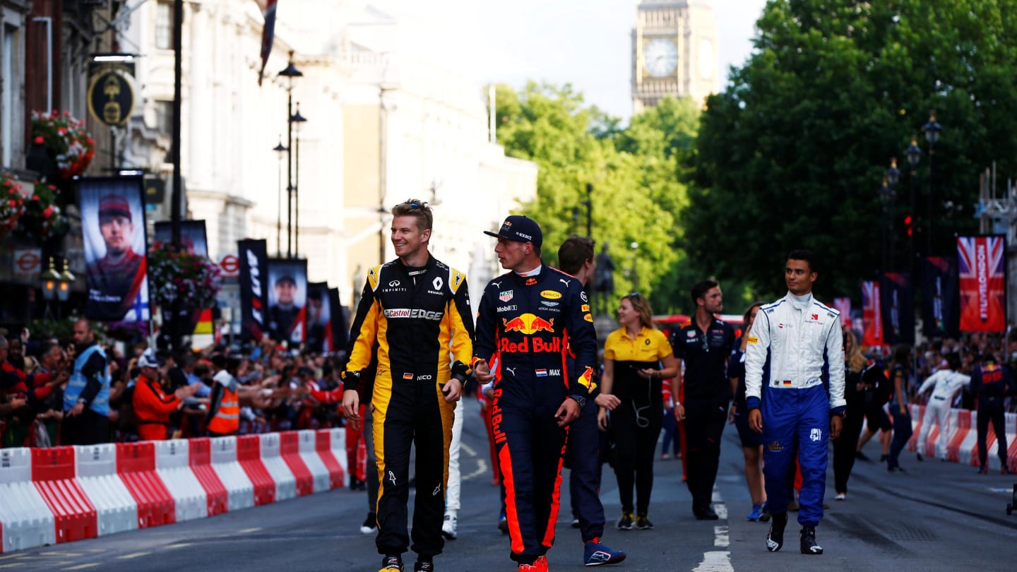 Nico Hulkenberg (GER) Renault Sport F1 Team and Max Verstappen (NED) Red Bull Racing at F1 London