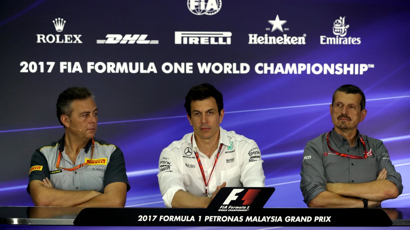 Mario Isola (ITA) Pirelli Sporting Director, Toto Wolff (AUT) Mercedes AMG F1 Director of Motorsport and Guenther Steiner (ITA) Haas F1 Team Principal in the Press Conference at Formula One World Championship, Rd15, Malaysian Grand Prix, Practice, Sepang, Malaysia, Friday 29 September 2017. © Kym Illman/Sutton Images