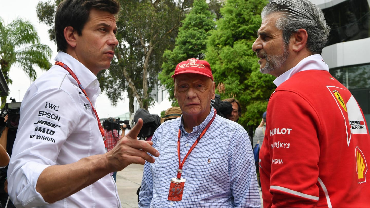 Toto Wolff (AUT) Mercedes AMG F1 Director of Motorsport, Maurizio Arrivabene (ITA) Ferrari Team Principal and Niki Lauda (AUT) Mercedes AMG F1 Non-Executive Chairman at Formula One World Championship, Rd15, Malaysian Grand Prix, Practice, Sepang, Malaysia, Friday 29 September 2017. © Mark Sutton/Sutton Images