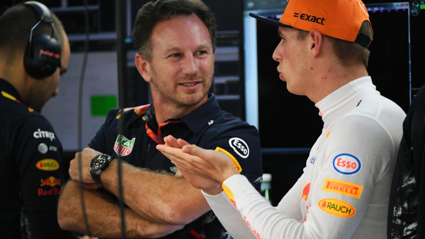 Christian Horner (GBR) Red Bull Racing Team Principal and Max Verstappen (NED) Red Bull Racing at