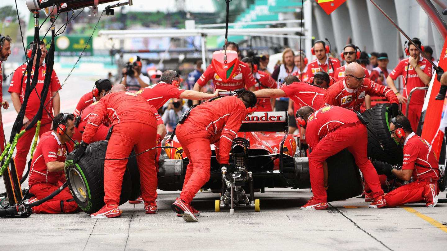 Sebastian Vettel (GER) Ferrari SF70-H pit stop at Formula One World Championship, Rd15, Malaysian Grand Prix, Practice, Sepang, Malaysia, Friday 29 September 2017. © Mark Sutton/Sutton Images