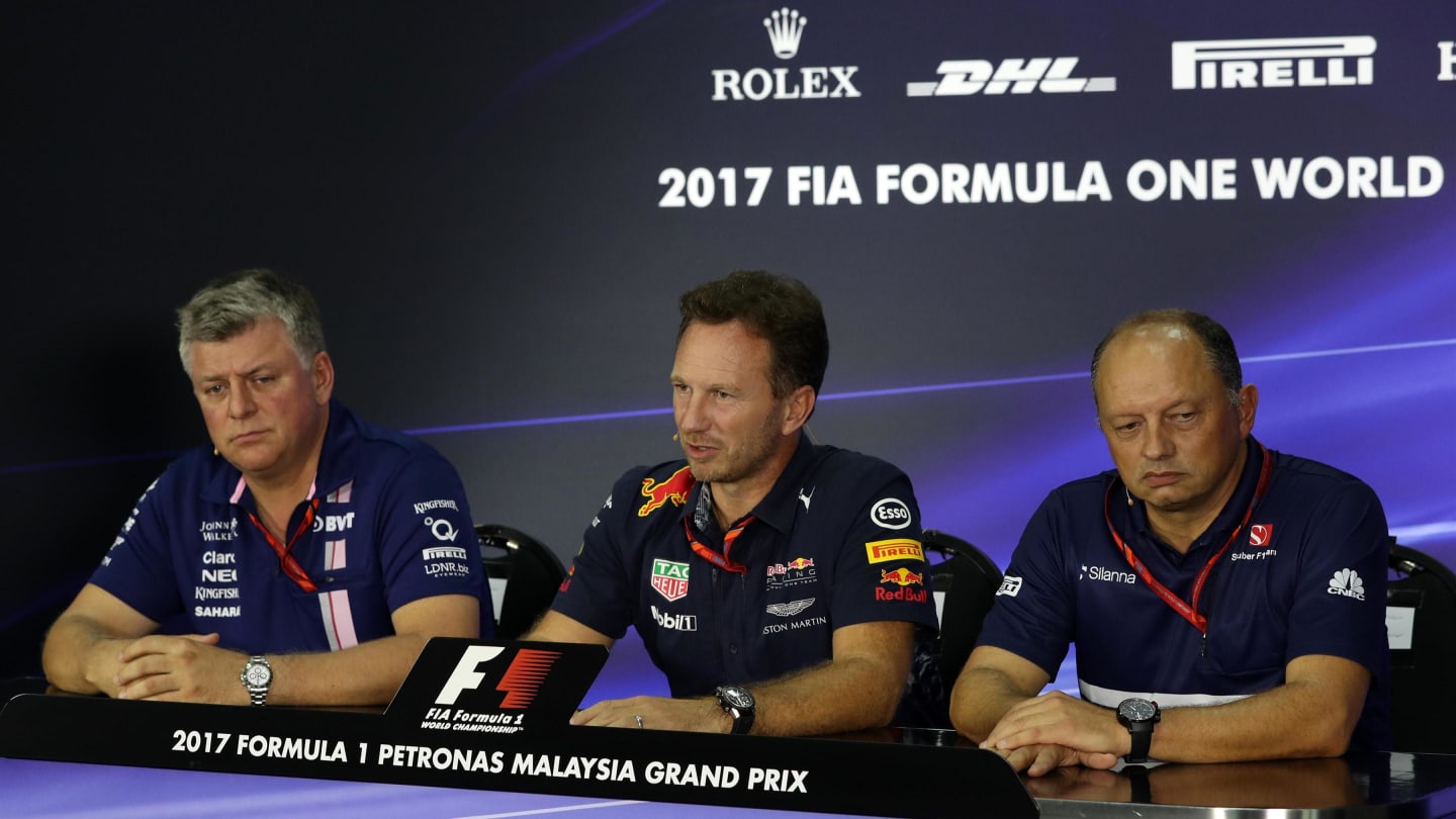 (L to R): Otmar Szafnauer (USA) Force India Formula One Team Chief Operating Officer, Christian Horner (GBR) Red Bull Racing Team Principal and Frederic Vasseur (FRA) Sauber Team Principal in the Press Conference at Formula One World Championship, Rd15, Malaysian Grand Prix, Practice, Sepang, Malaysia, Friday 29 September 2017. © Kym Illman/Sutton Images