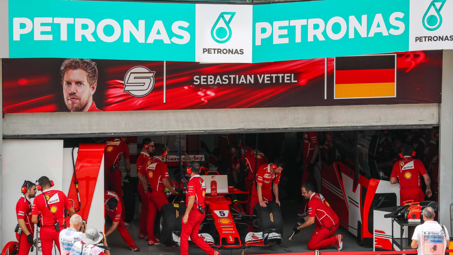 The car of Sebastian Vettel (GER) Ferrari SF70-H in the garage at Formula One World Championship, Rd15, Malaysian Grand Prix, Qualifying, Sepang, Malaysia, Saturday 30 September 2017. © Kym Illman/Sutton Images