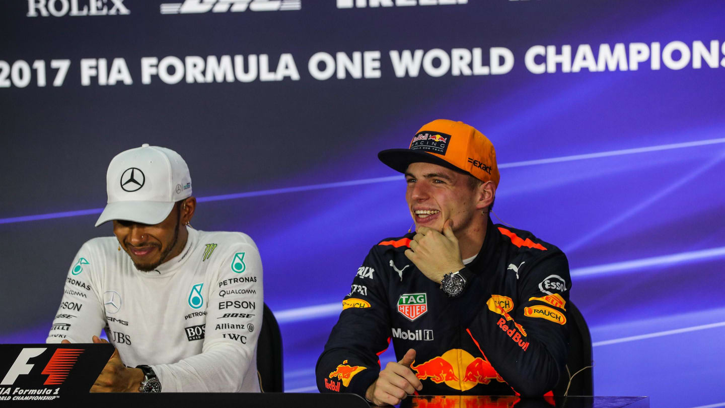 Max Verstappen (NED) Red Bull Racing and Lewis Hamilton (GBR) Mercedes AMG F1 in the Press Conference at Formula One World Championship, Rd15, Malaysian Grand Prix, Qualifying, Sepang, Malaysia, Saturday 30 September 2017. © Kym Illman/Sutton Images