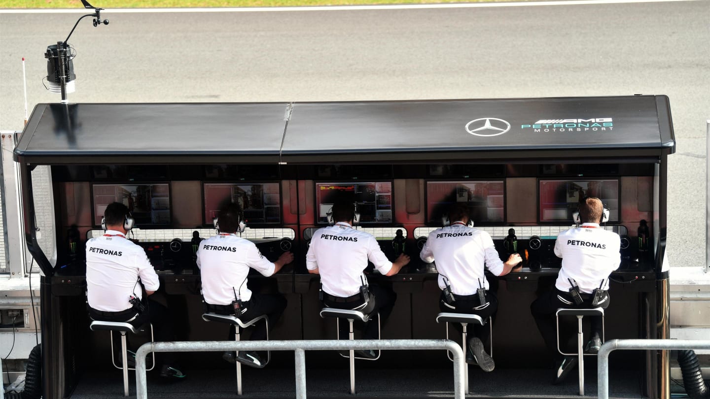 Mercedes-Benz F1 W08 Hybrid pit wall gantry at Formula One World Championship, Rd15, Malaysian Grand Prix, Qualifying, Sepang, Malaysia, Saturday 30 September 2017. © Manuel Goria/Sutton Images