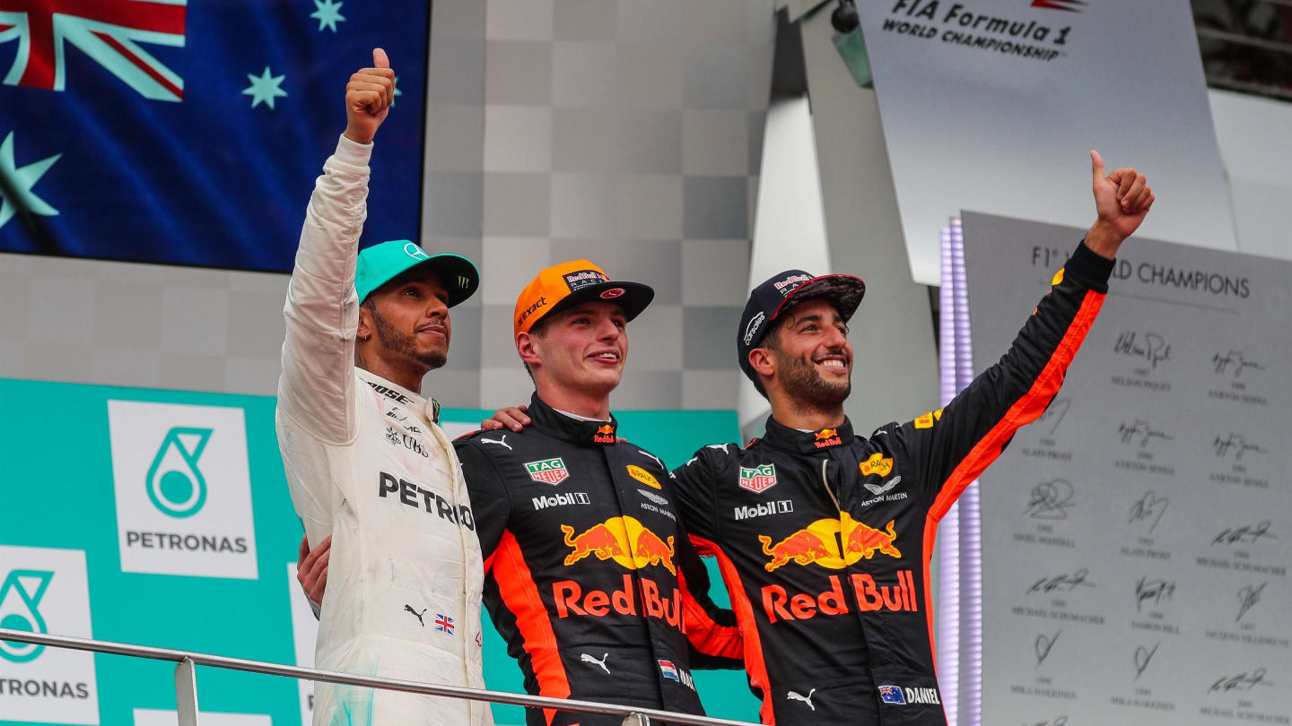 Lewis Hamilton (GBR) Mercedes AMG F1, race winner Max Verstappen (NED) Red Bull Racing and Daniel