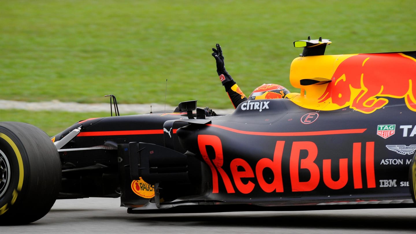 Race winner Max Verstappen (NED) Red Bull Racing RB13 celebrates and waves at Formula One World Championship, Rd15, Malaysian Grand Prix, Race, Sepang, Malaysia, Sunday 1 October 2017. © Rubio/Sutton Images