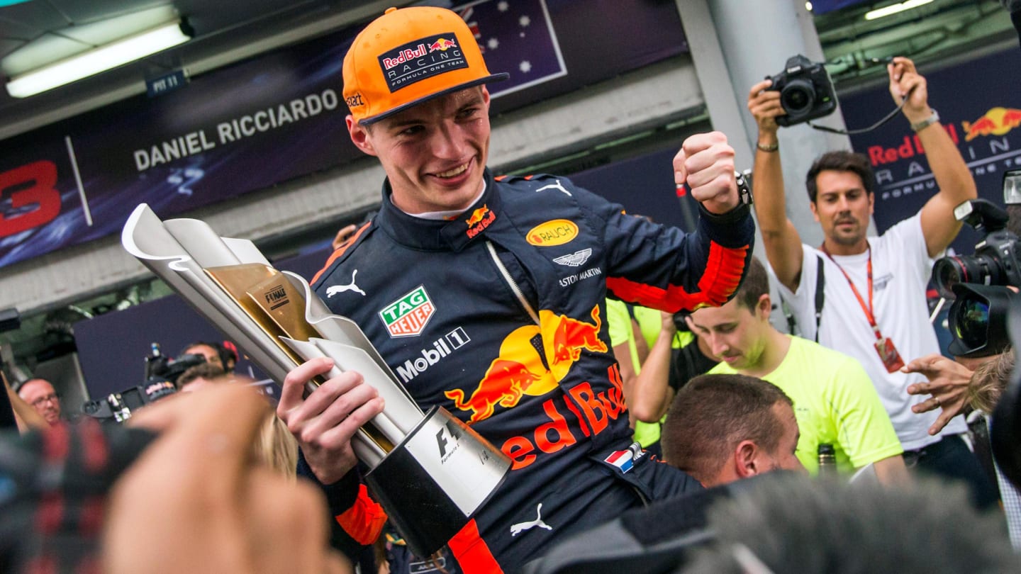 Race winner Max Verstappen (NED) Red Bull Racing celebrates with the trophy at Formula One World Championship, Rd15, Malaysian Grand Prix, Race, Sepang, Malaysia, Sunday 1 October 2017. © Manuel Goria/Sutton Images