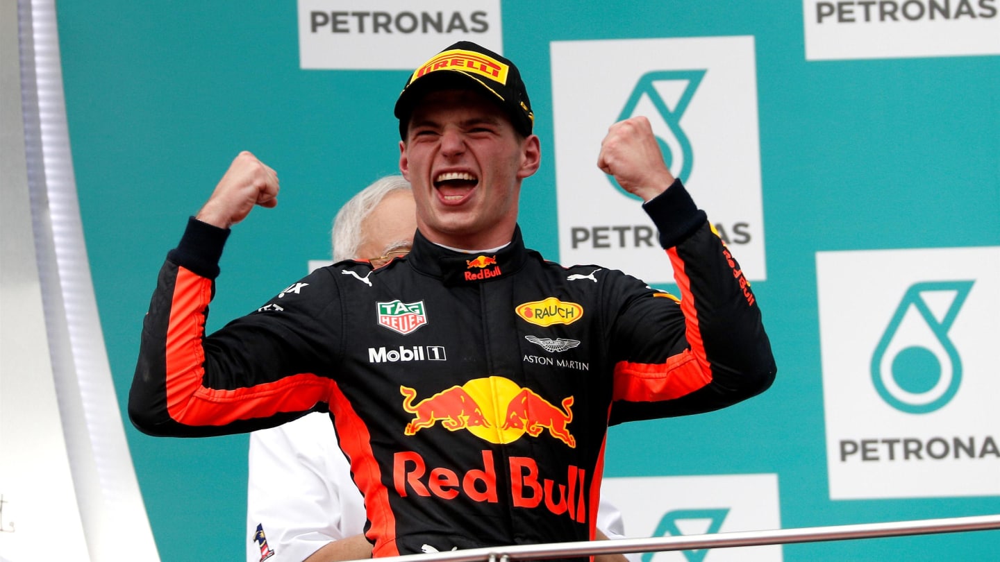 Race winner Max Verstappen (NED) Red Bull Racing celebrates on the podium at Formula One World Championship, Rd15, Malaysian Grand Prix, Race, Sepang, Malaysia, Sunday 1 Octoberr 2017. © Manuel Goria/Sutton Images