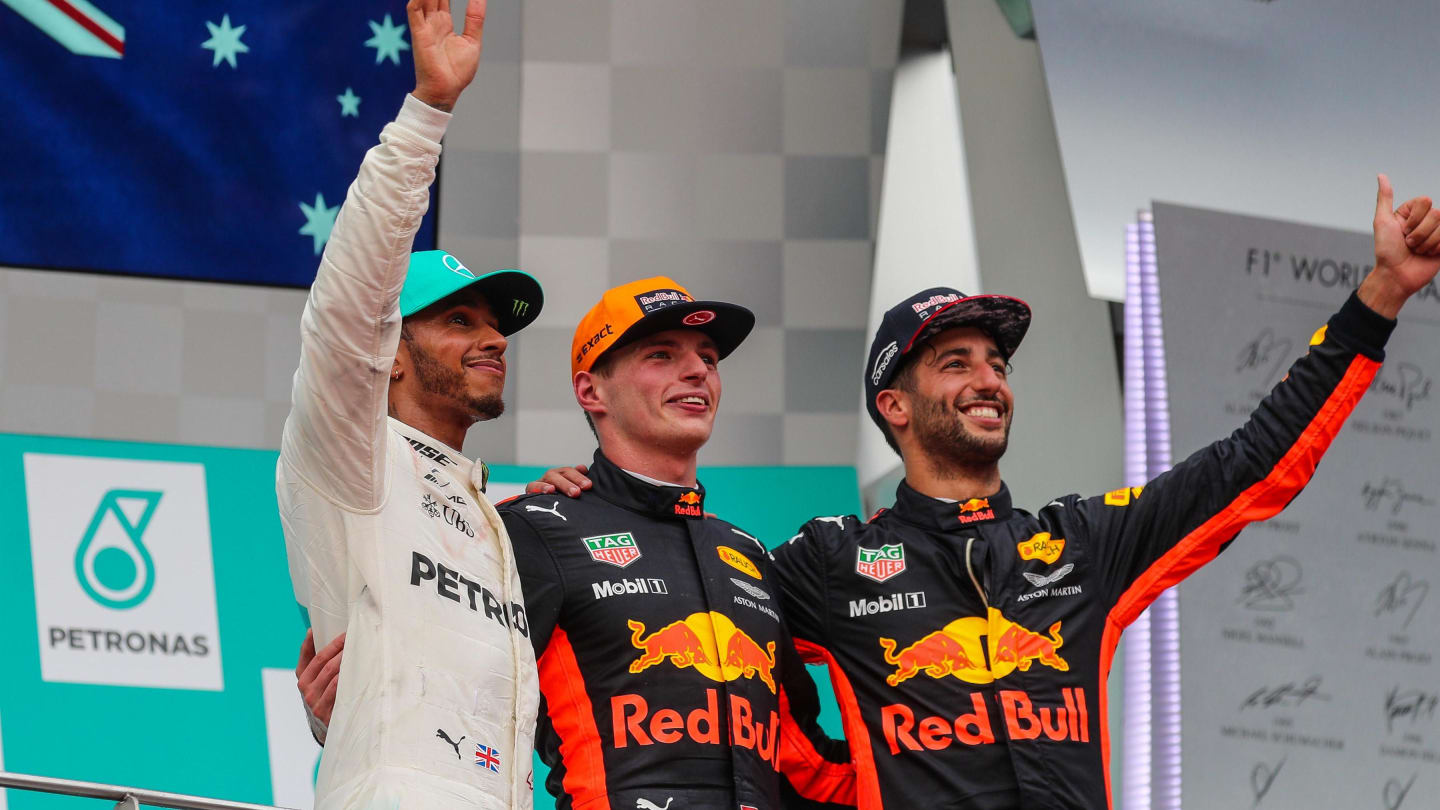 (L to R): Lewis Hamilton (GBR) Mercedes AMG F1, race winner Max Verstappen (NED) Red Bull Racing