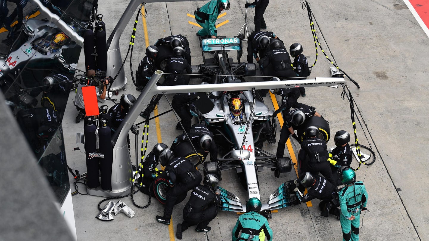 Lewis Hamilton (GBR) Mercedes-Benz F1 W08 Hybrid pit stop at Formula One World Championship, Rd15, Malaysian Grand Prix, Race, Sepang, Malaysia, Sunday 1 October 2017. © Mark Sutton/Sutton Images