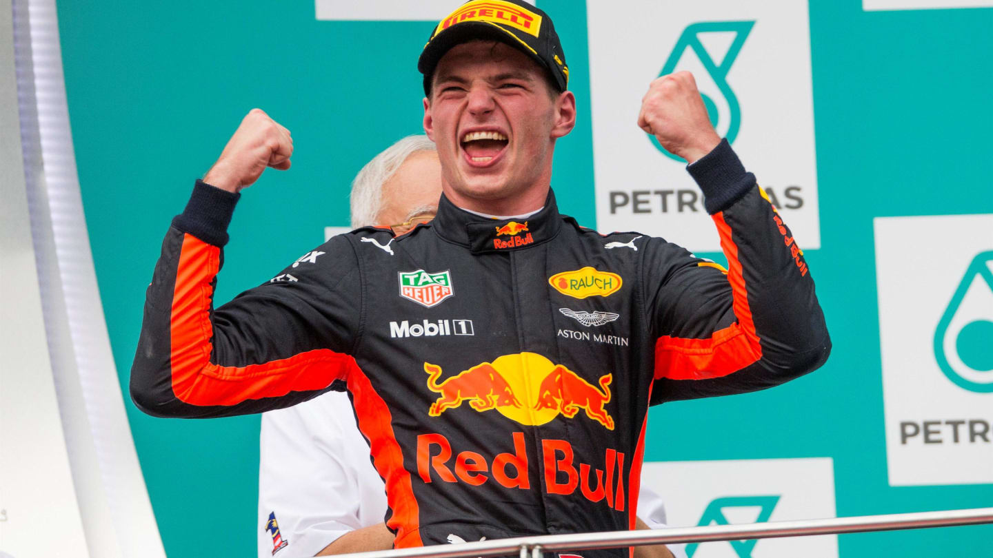 Race winner Max Verstappen (NED) Red Bull Racing celebrates on the podium at Formula One World Championship, Rd15, Malaysian Grand Prix, Race, Sepang, Malaysia, Sunday 1 October 2017. © Manuel Goria/Sutton Images