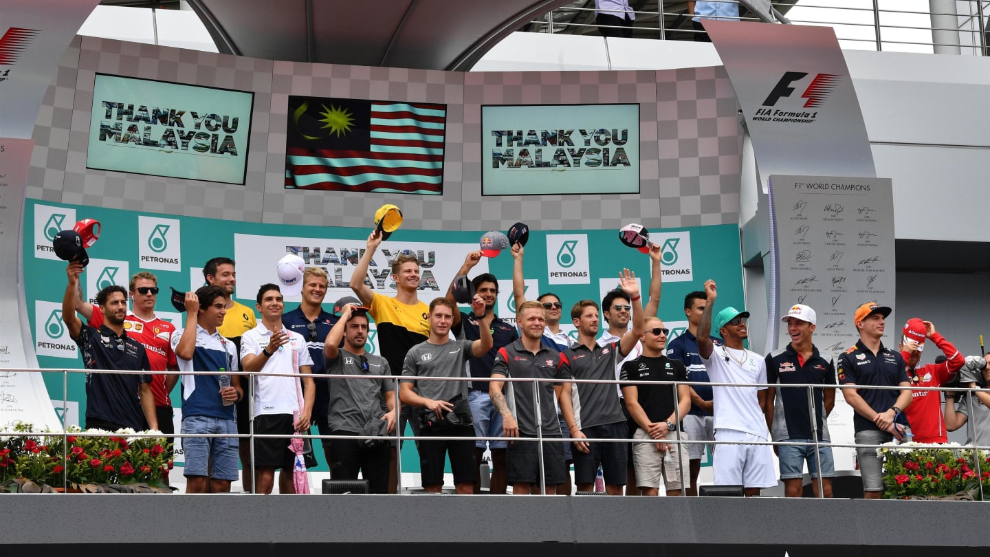 Drivers on the podium at Formula One World Championship, Rd15, Malaysian Grand Prix, Race, Sepang, Malaysia, Sunday 1 Octoberr 2017. © Mark Sutton/Sutton Images