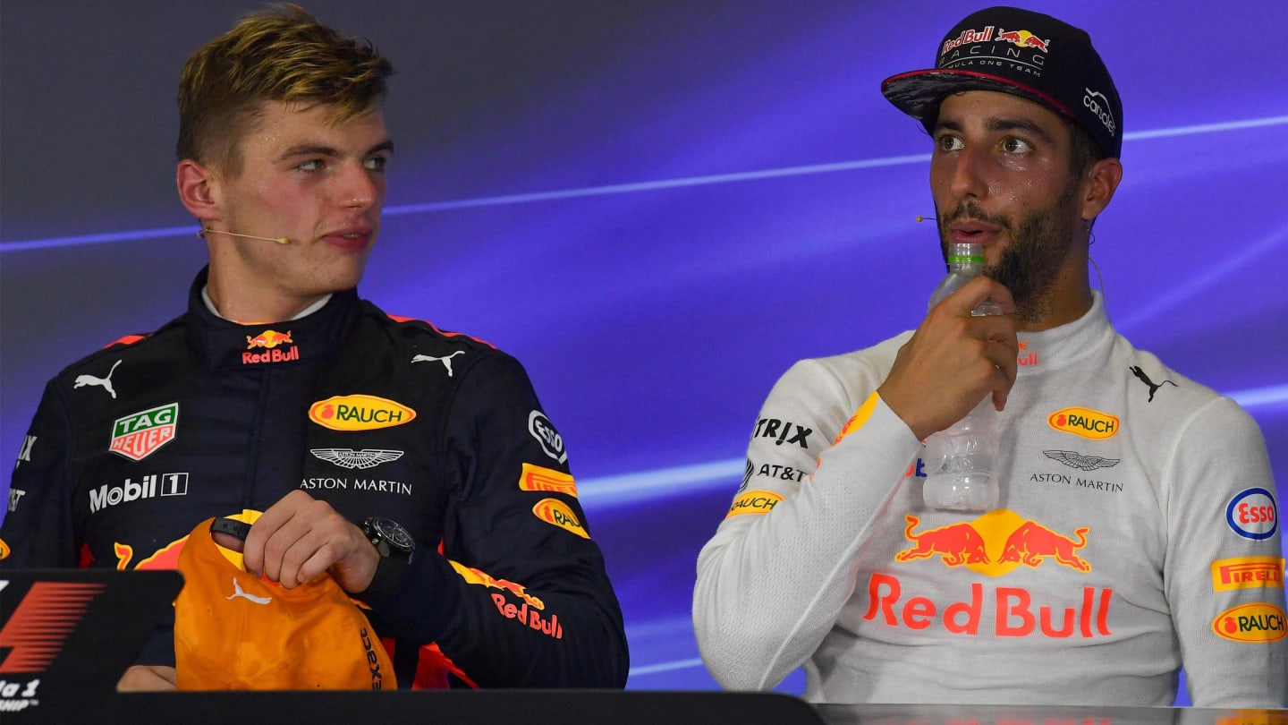 Max Verstappen (NED) Red Bull Racing and Daniel Ricciardo (AUS) Red Bull Racing in the Press Conference at Formula One World Championship, Rd15, Malaysian Grand Prix, Race, Sepang, Malaysia, Sunday 1 October 2017. © Mark Sutton/Sutton Images