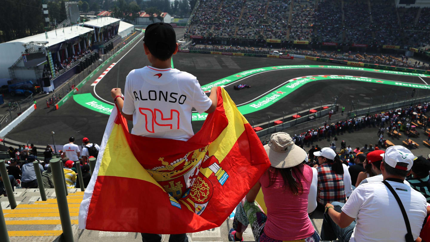 Fans with flag and atmosphere in the grandstand at Formula One World Championship, Rd18, Mexican Grand Prix, Practice, Circuit Hermanos Rodriguez, Mexico City, Mexico, Friday 27 October 2017. © Kym Illman/Sutton Images