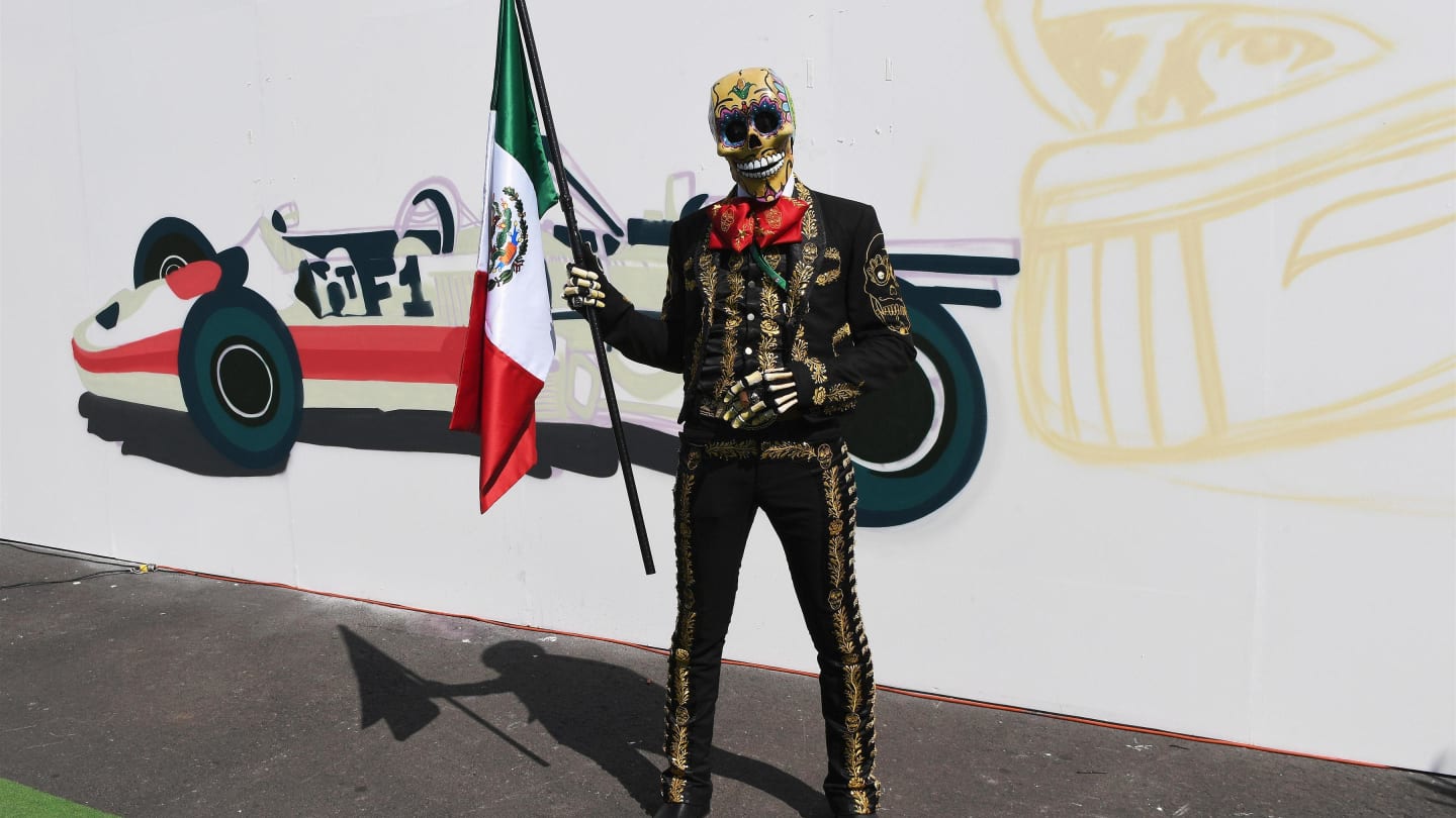 Day of the Dead character with Mexican flag at Formula One World Championship, Rd18, Mexican Grand Prix, Practice, Circuit Hermanos Rodriguez, Mexico City, Mexico, Friday 27 October 2017. © Mark Sutton/Sutton Images