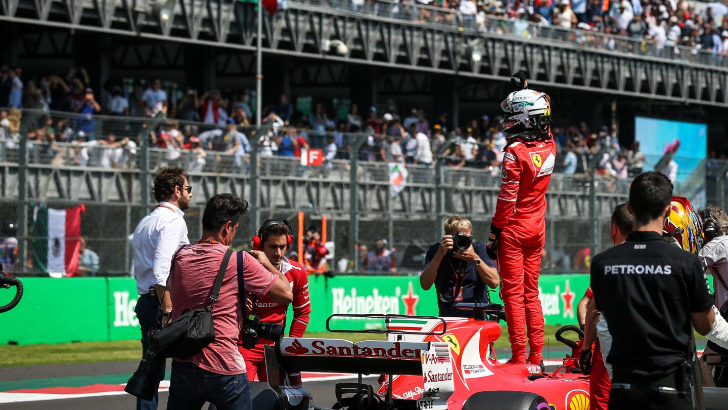 Pole sitter Sebastian Vettel (GER) Ferrari SF70-H celebrates in parc ferme at Formula One World Championship, Rd18, Mexican Grand Prix, Qualifying, Circuit Hermanos Rodriguez, Mexico City, Mexico, Saturday 28 October 2017. © Mirko Stange/Sutton Images