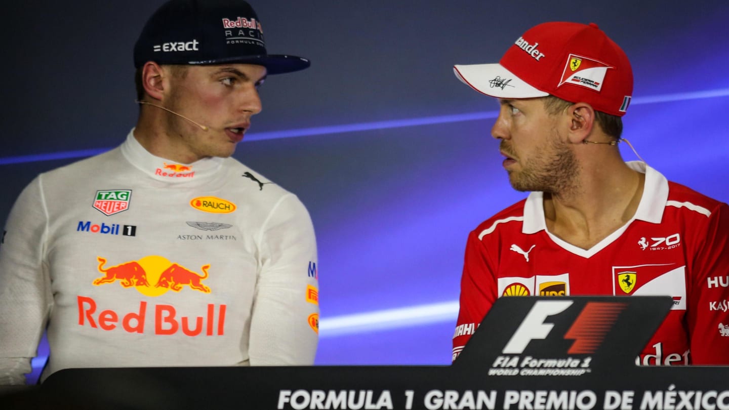 Max Verstappen (NED) Red Bull Racing and Sebastian Vettel (GER) Ferrari in the Press Conference at Formula One World Championship, Rd18, Mexican Grand Prix, Qualifying, Circuit Hermanos Rodriguez, Mexico City, Mexico, Saturday 28 October 2017. © Mirko Sta