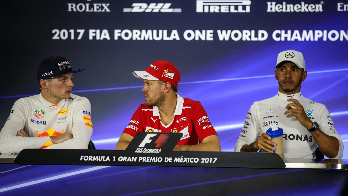 (L to R): Max Verstappen (NED) Red Bull Racing, Sebastian Vettel (GER) Ferrari and Lewis Hamilton