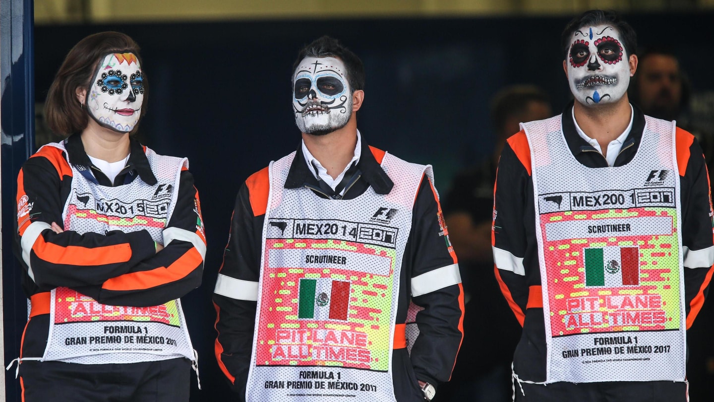 Marshals with facepaint at Formula One World Championship, Rd18, Mexican Grand Prix, Race, Circuit Hermanos Rodriguez, Mexico City, Mexico, Sunday 29 October 2017. © Mirko Stange/Sutton Images