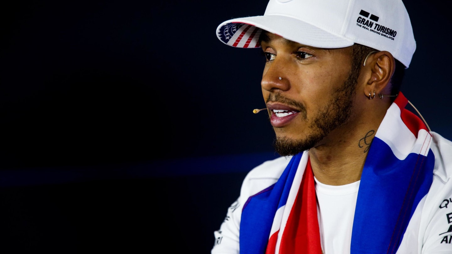 World Champion Lewis Hamilton (GBR) Mercedes AMG F1 in the Press Conference with the Union Jack Flag at Formula One World Championship, Rd18, Mexican Grand Prix, Race, Circuit Hermanos Rodriguez, Mexico City, Mexico, Sunday 29 October 2017. © Mirko Stange