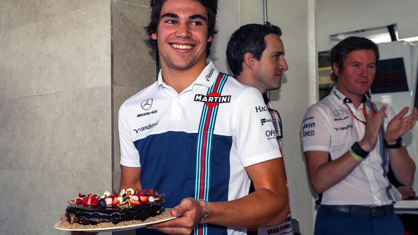 Lance Stroll (CDN) Williams with birthday cake celebrates his 19th Birthday with Rob Smedley (GBR) Williams Head of Vehicle Performance at Formula One World Championship, Rd18, Mexican Grand Prix, Race, Circuit Hermanos Rodriguez, Mexico City, Mexico, Sunday 29 October 2017. © Kym Illman/Sutton Images