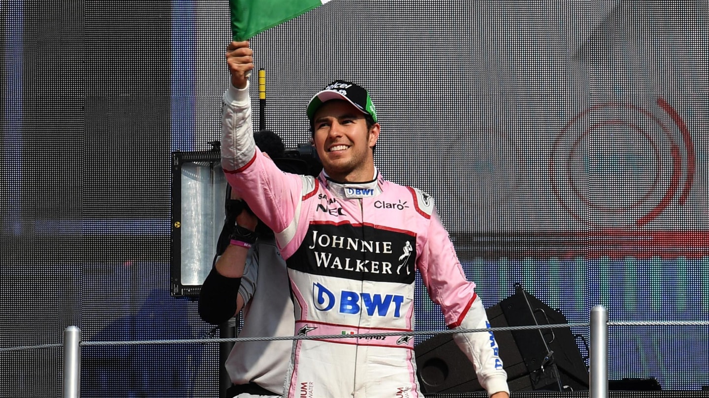 Sergio Perez (MEX) Force India on the podium post race at Formula One World Championship, Rd18, Mexican Grand Prix, Race, Circuit Hermanos Rodriguez, Mexico City, Mexico, Sunday 29 October 2017. © Mark Sutton/Sutton Images