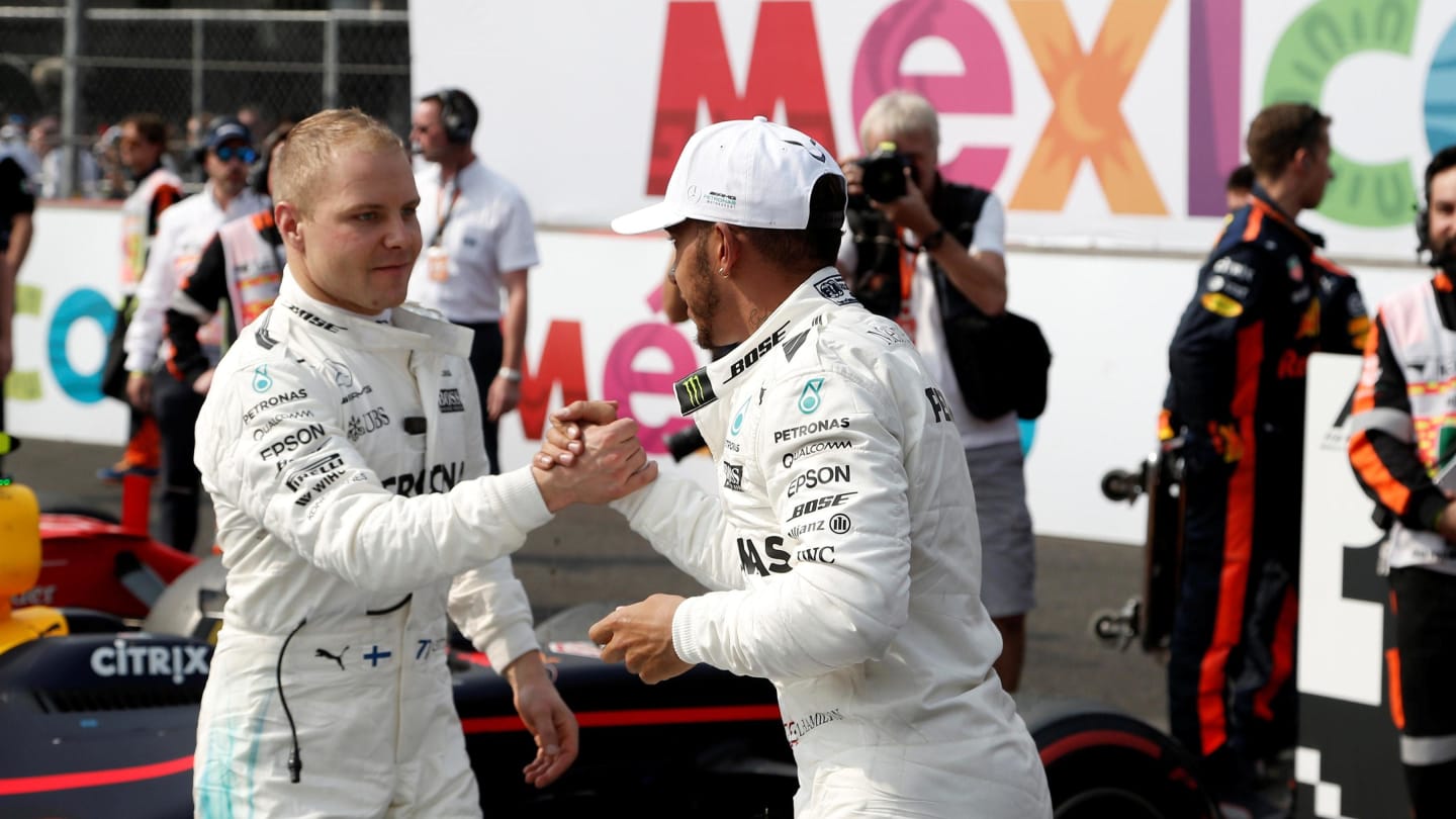 World Champion Lewis Hamilton (GBR) Mercedes AMG F1 celebrates with Valtteri Bottas (FIN) Mercedes AMG F1 in parc ferme at Formula One World Championship, Rd18, Mexican Grand Prix, Race, Circuit Hermanos Rodriguez, Mexico City, Mexico, Sunday 29 October 2017. © Manuel Goria/Sutton Images