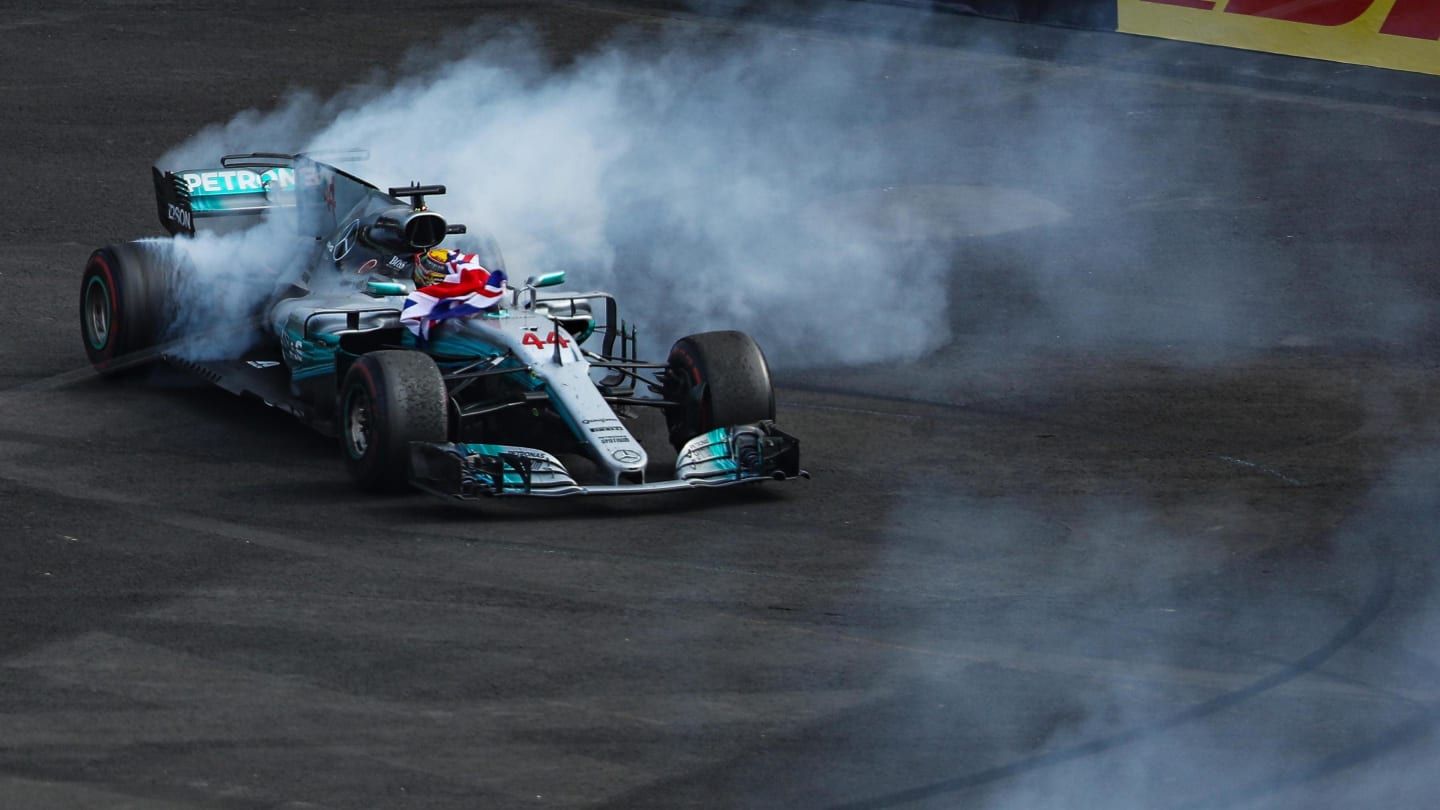 World Champion Lewis Hamilton (GBR) Mercedes-Benz F1 W08 Hybrid celebrates with donuts at Formula One World Championship, Rd18, Mexican Grand Prix, Race, Circuit Hermanos Rodriguez, Mexico City, Mexico, Sunday 29 October 2017. © Kym Illman/Sutton Images